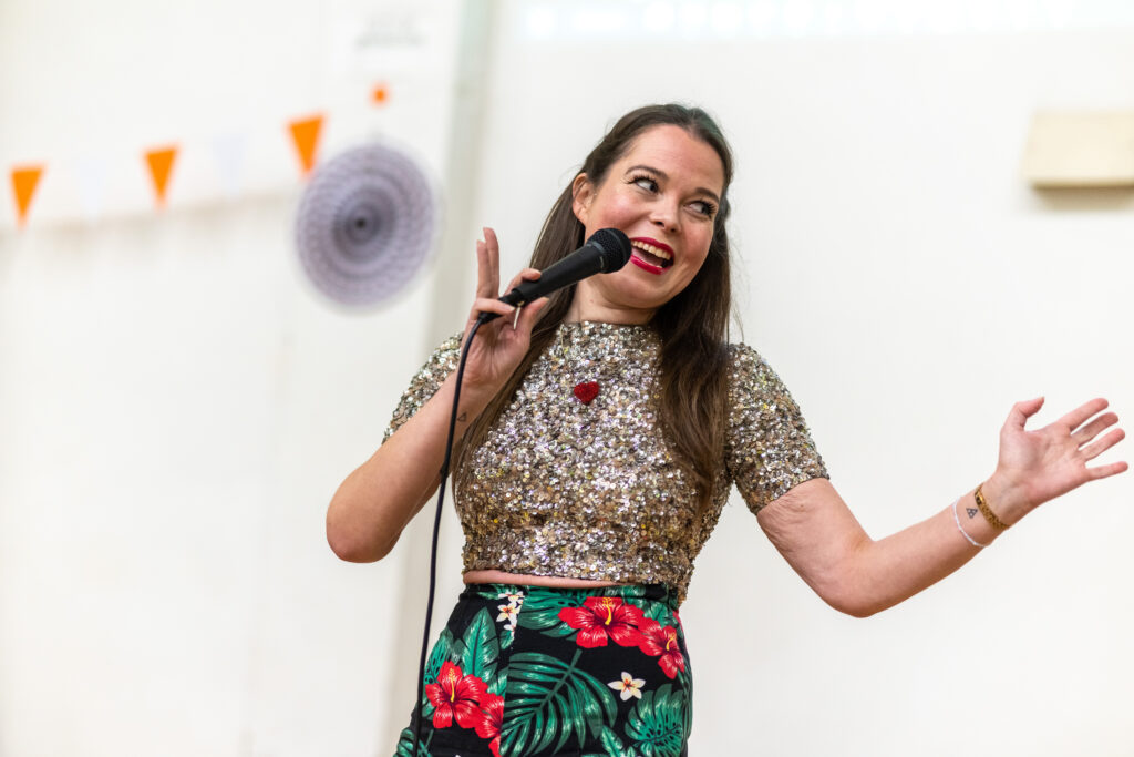 Juliette Burton performing comedy