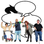Four diverse individuals, three standing and one in a wheelchair, raising their hands in front of speech bubbles.