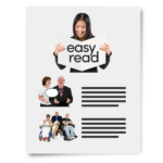 Document with a smiling woman holding it open, titled 'easy read,' featuring photos of people conversing and individuals with a service dog.