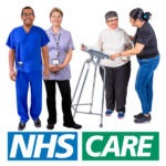 Group of healthcare professionals assisting an elderly woman with a walker.