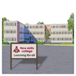 New Skills College building with a sign in front reading 'New skills college - Learning for all'.