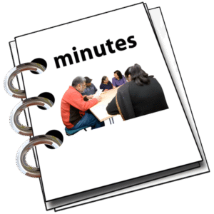 A spiral-bound notebook with 'minutes' on the cover and a photo of five people in discussion.