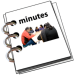 A spiral-bound notebook with 'minutes' on the cover and a photo of five people in discussion.