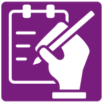 Purple background with image of hand writing notes on a piece of paper