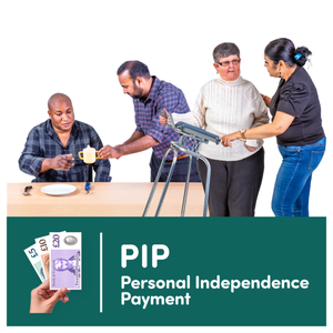 Four people engaged in helping an elderly woman with a walker, with a banner about Personal Independence Payment below them.